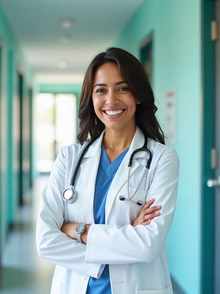 Médica dominicana en una clínica moderna